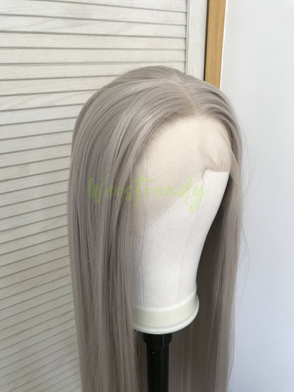 Ash Blonde | Grey Long Straight Hair Synthetic Soft Swiss Lace Front Wig Heat Safe Free Parting
