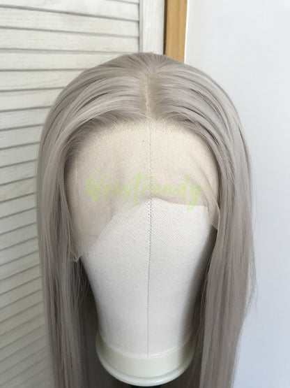 Ash Blonde | Grey Long Straight Hair Synthetic Soft Swiss Lace Front Wig Heat Safe Free Parting
