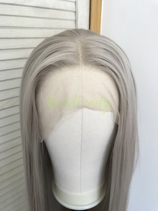 Ash Blonde | Grey Long Straight Hair Synthetic Soft Swiss Lace Front Wig Heat Safe Free Parting