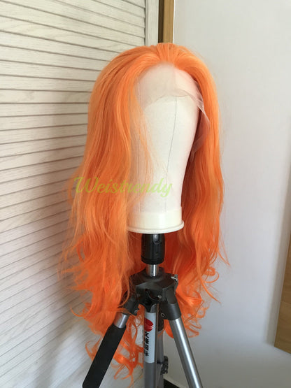 Orange Juice Bright Orange Ombre Long Wavy Hair Premium Synthetic Lace Frontal Wig Heat Safe