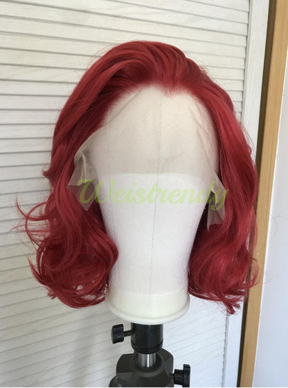 Dark Red Medium Length Curls Wavy Hair Synthetic Soft Swiss Lace Front Wig Heat Friendly
