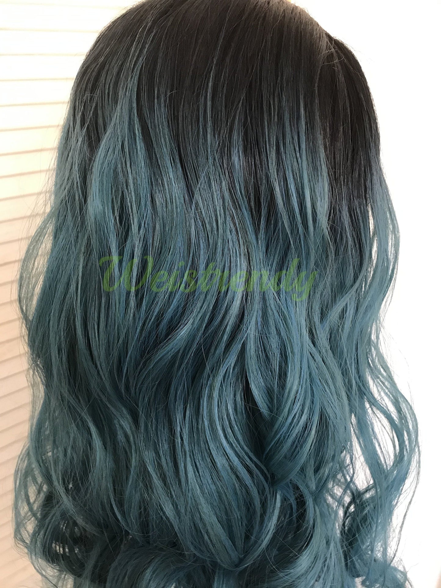 Black Root Mixed Green Blue Ombre Long Curls Wavy Hair Synthetic Lace Front Wig