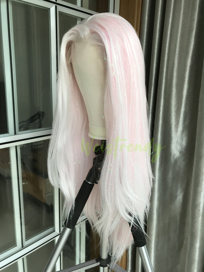 Mixed Tinsel Sparkle Cream Pink | Ice Pink Premium Synthetic Hair Swiss Lace frontal Wig Free Partting Heat Safe