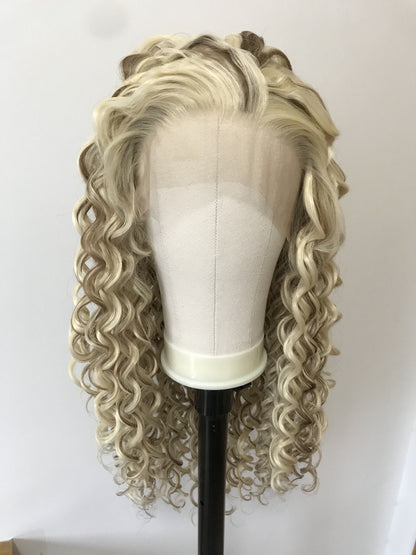 Mixed Blonde Brown Long Ring Curls Wigs Premium Synthetic Fibre Heat Safe Glueless Lace Frontal Wig