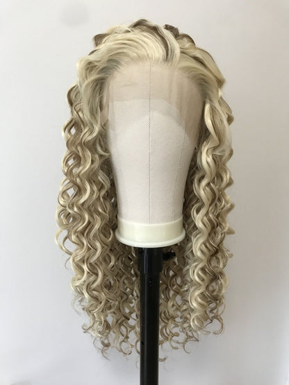 Mixed Blonde Brown Long Ring Curls Wigs Premium Synthetic Fibre Heat Safe Glueless Lace Frontal Wig