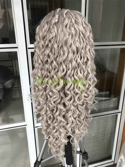 Ash Blonde Long Ring Curls Wigs Premium Synthetic Fibre Heat Safe Glueless Lace Frontal Wig