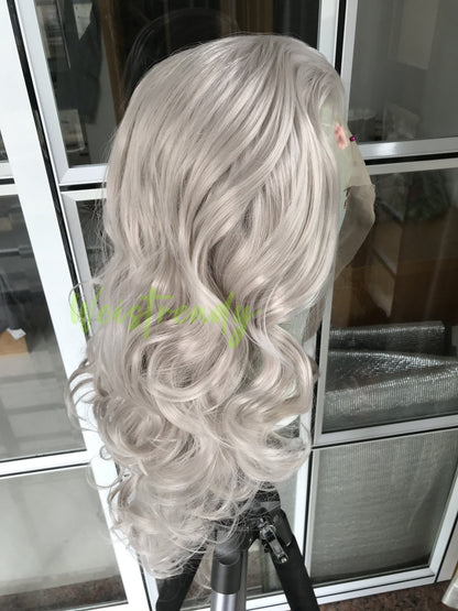 Ash Blonde Long Curls Waves Hair Synthetic Swiss Lace Frontal Wig Heat Safe Multi Part