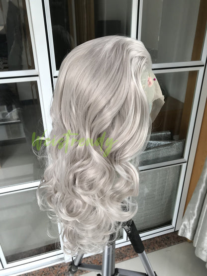 Ash Blonde Long Curls Waves Hair Synthetic Swiss Lace Frontal Wig Heat Safe Multi Part