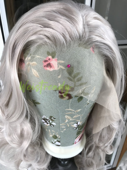 Ash Blonde Long Curls Waves Hair Synthetic Swiss Lace Frontal Wig Heat Safe Multi Part