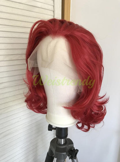 Dark Red Medium Length Curls Wavy Hair Synthetic Soft Swiss Lace Front Wig Heat Friendly
