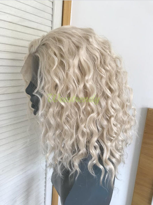 Mixed Blonde Short Spiral Curls Wavy Hair Synthetic Lace Frontal Wig Side Parting