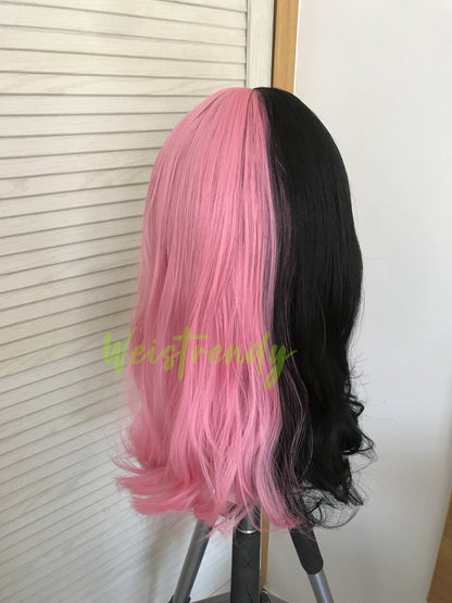 Half and Half Pink Black 16in Body Wave Hair Premium Synthetic No Lace Wig with Bangs Heat Ok