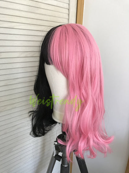Half and Half Pink Black 16in Body Wave Hair Premium Synthetic No Lace Wig with Bangs Heat Ok