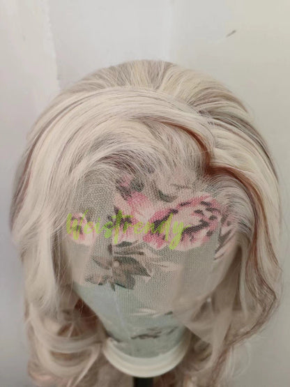 Mixed Blonde Brown Long Curls Wavy Wigs Premium Synthetic Fibre Heat Safe Glueless Lace Frontal Wig