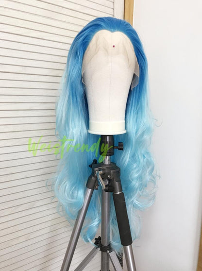 Medium Blue to Light Blue Ombré Long Curls Wavy Hair Wigs Premium Synthetic Lace Front Wigs Heat Freindly