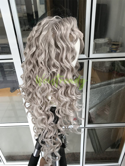 Ash Blonde Long Ring Curls Wigs Premium Synthetic Fibre Heat Safe Glueless Lace Frontal Wig