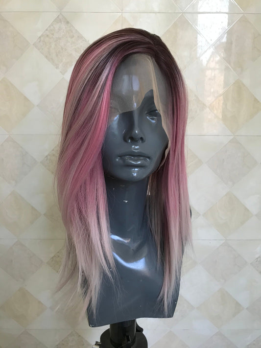 Rooted Blush Pink OmbreShort Straight Hair Premium Synthetic Lace frontal Wig Heat Safe Side Parting