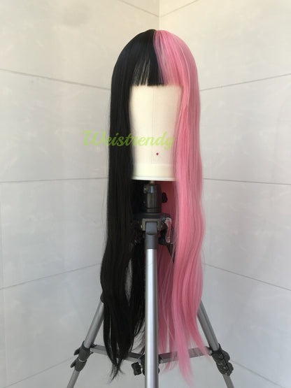 30in Split Dye Pink Black Long Straight Hair Premium Synthetic No Lace Wig with Bangs Heat Ok