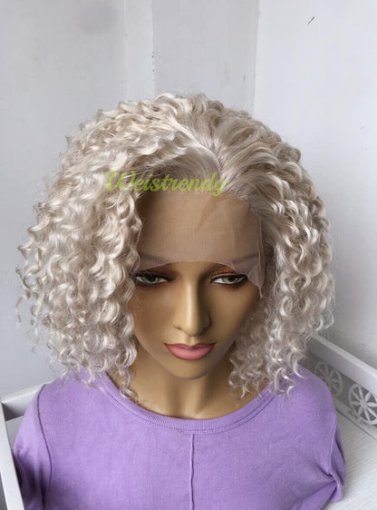 Mixed Platinum Blonde Short Curly Wavy Hair Wigs Synthetic Lace Frontal Wig Free Part