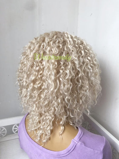 Mixed Platinum Blonde Short Curly Wavy Hair Wigs Synthetic Lace Frontal Wig Free Part