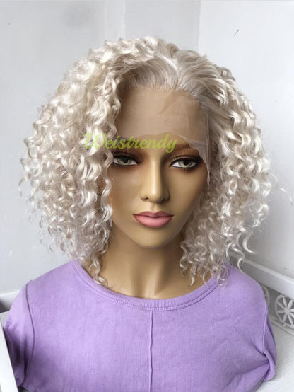 Mixed Platinum Blonde Short Curly Wavy Hair Wigs Synthetic Lace Frontal Wig Free Part