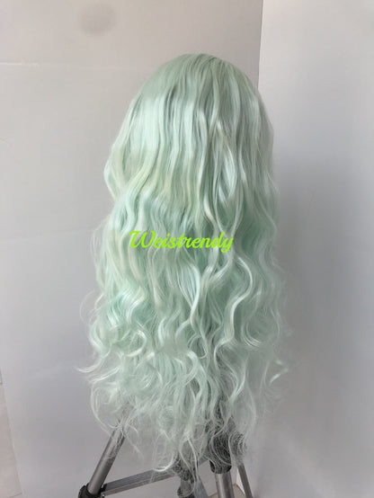 Mint Green Pastel Green Long Curls Wavy Hair Premium Synthetic Swiss Lace Front Wigs Heat Safe