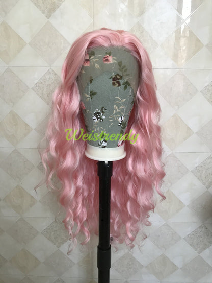 Baby Pink Long Curls Waves Premium Synthetic Soft Swiss Lace Front Wig