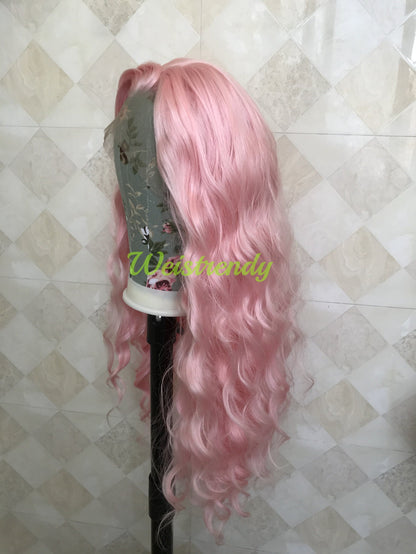 Baby Pink Long Curls Waves Premium Synthetic Soft Swiss Lace Front Wig