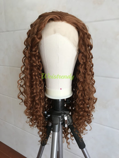 Copper Brown Long Afro Curls Wigs Premium Synthetic Fibre Heat Safe Glueless Lace Frontal Wig