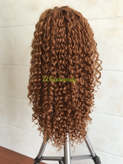 Copper Brown Long Afro Curls Wigs Premium Synthetic Fibre Heat Safe Glueless Lace Frontal Wig