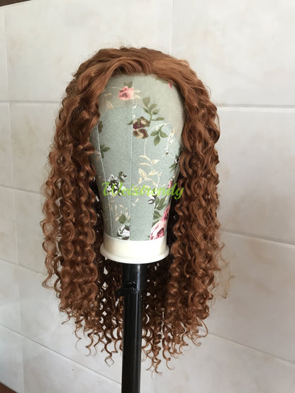 Copper Brown Long Afro Curls Wigs Premium Synthetic Fibre Heat Safe Glueless Lace Frontal Wig