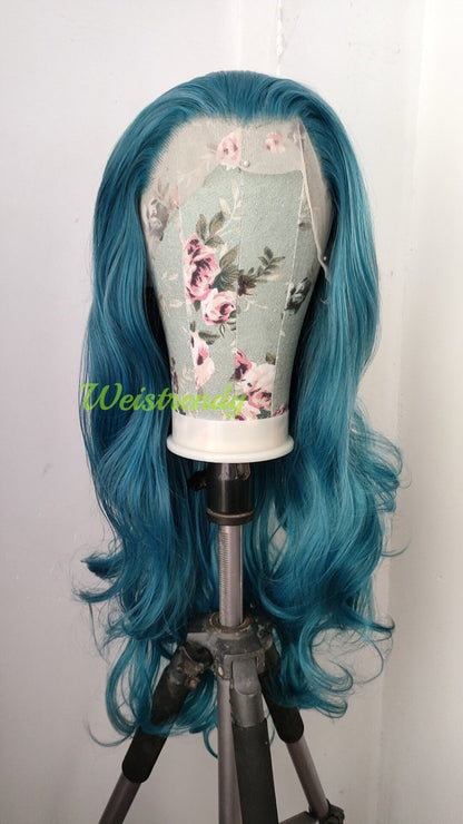 Ocean Blue Long Curls Wavy Hair Premium Synthetic Swiss Lace Frontal Wig Cosplay Costume Wigs