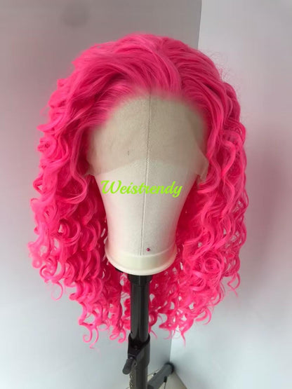Neon Pink Long Ring Curls Wigs Premium Synthetic Fibre Heat Safe Glueless Lace Frontal Wig