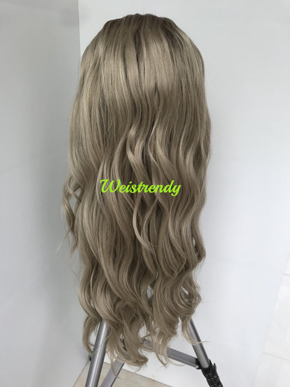 28in Realistic Rooted Ash Blonde | Light Blonde Long Wavy Hair Premium Synthetic Lace Front Wig Heat Friendly