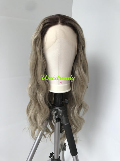 28in Realistic Rooted Ash Blonde | Light Blonde Long Wavy Hair Premium Synthetic Lace Front Wig Heat Friendly