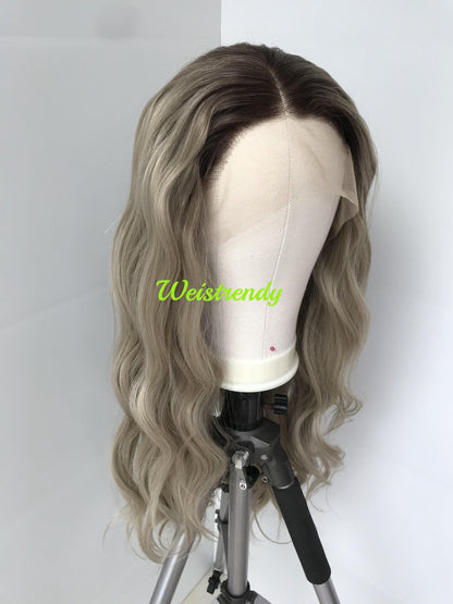 28in Realistic Rooted Ash Blonde | Light Blonde Long Wavy Hair Premium Synthetic Lace Front Wig Heat Friendly