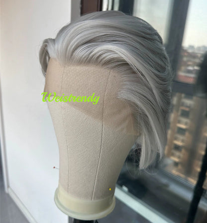 Lace Frontal Hand-tied Silver Grey Pixie Cut Cuticles Synthetic Lace Wig